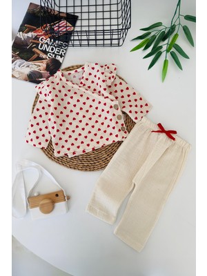Miniğimin Cicileri Kalp Baskılı Müslin Kız Bebek 2 Li Takım - Kırmızı