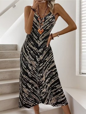 byasafkids Kadın Ip Askılı V Yakalı Desenli Uzun Süprem Elbise