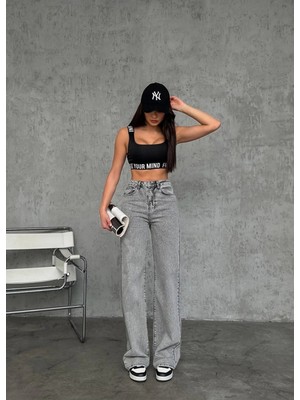 Zeo Basic Wide-Leg Geniş Paça Grey Snow Wash Denim Pantolon