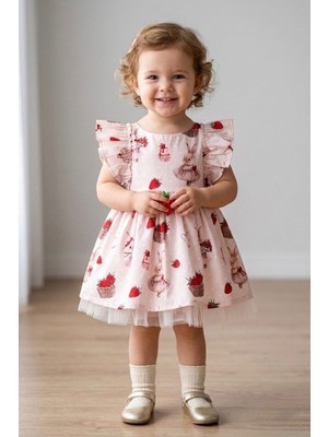 Miniğimin Cicileri Çilek Desenli Sırt Detaylı Tül Etekli Fırfır Kollu Kız Çocuk Elbise - Pudra