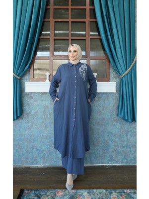 Nisum Moda Çiçek Nakışlı Pamuk Keten Takım