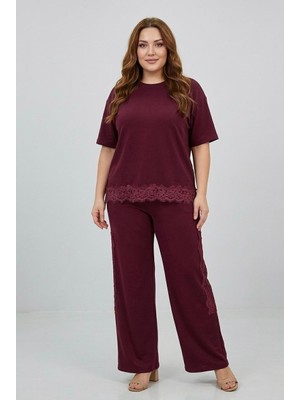 Koza Butik Kadın Büyük Beden Kısa Kollu Dantel Güpür Detaylı Eşofman Takımı 8255-26