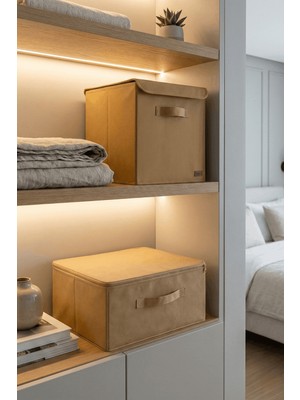 HomyJRs Homyjr’s Kapaklı Kumaş Saklama Kutusu Organizer - Dolap Içi Raf Düzenleyici Bej Kutu Seti