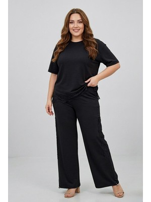 Koza Butik Kadın Büyük Beden Kısa Kollu Dantel Güpür Detaylı Eşofman Takımı 8255-26