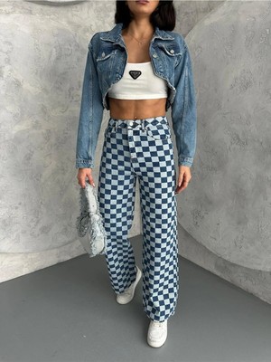 Zeo Basic Kare Desenli Wide-Leg Pantolon