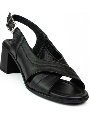 Babalı 1522 Siyah Deri Topuklu Günlük Kadın Sandalet