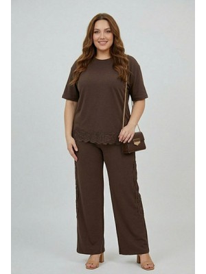 Koza Butik Kadın Büyük Beden Kısa Kollu Dantel Güpür Detaylı Eşofman Takımı 8255-26