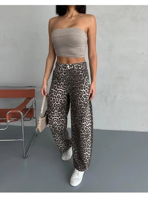 Zeo Basic Skater Pantolon Leopar Desenli Bej
