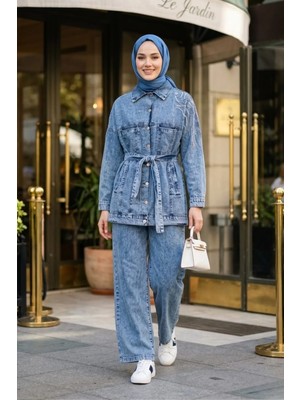 Kadın Kuşaklı Taş Işlemeli Kot Mavi Tunik Pantolon Ikili Takım