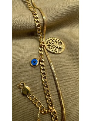 Stainlees Steel Altın Nazar Boncuklu Charm Bileklik
