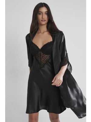 Pierre Cardin Midi Dantel Sabahlık Gecelik Set 4240 Siyah