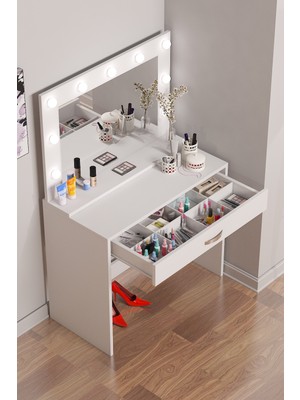 Bicabin Arya Novella Hollywood Işıklı Aynalı Makyaj Masası Bölmeli Organizer Çekmeceli -Beyaz