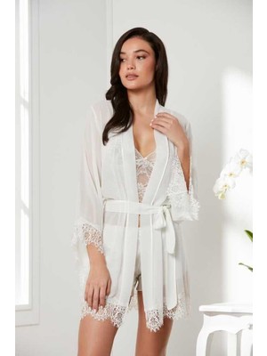 Pierre Cardin 4lü Gecelik Sabahlık Şort Çeyiz Set 7005 Ekru
