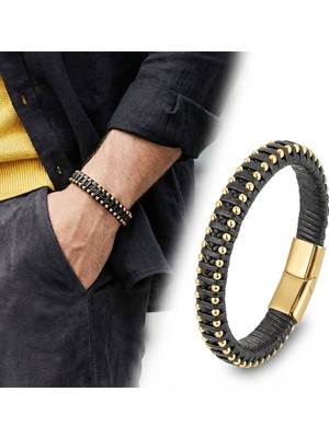 Fm 💎 Premium Siyah Deri Ve Sarı Damla Çelik Zincirli Bileklik 31834B1D2-4 - 20 cm