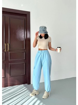 Zeo Basic Paraşüt Kumaş Kargo Cepli Bel ve Paça Lastikli Pantolon Bebek Mavisi