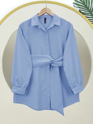 Modamorfo Belden Bağlamalı Fitlli Krinkıl Gömlek -Buz Mavi