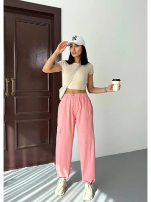 Zeo Basic Paraşüt Kumaş Kargo Cepli Bel ve Paça Lastikli Pantolon Pembe