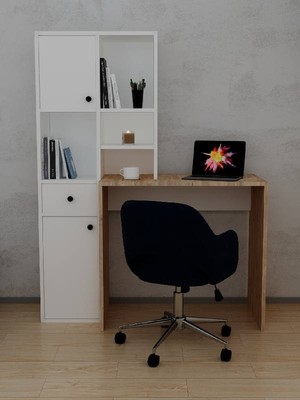 Alfimo Mobilya Smyrna Dolaplı Raflı Çekmeceli Kitaplıklı Çalışma Masası Beyaz & Atlantik Çam
