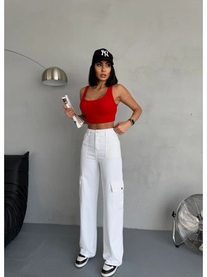 Zeo Basic Gabardin Pantolon Wide-Leg Fit Yüksek Bel Kargo Cepli