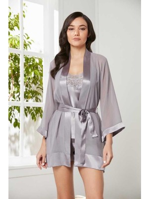 Pierre Cardin 3'lü Saten Dantelli Şort ve Şifon Dantelli Sabahlık Takımı 2475