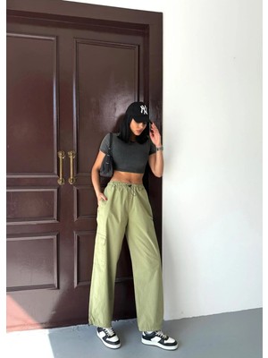 Zeo Basic Paraşüt Kumaş Kargo Cepli Bel ve Paça Lastikli Pantolon Çağla