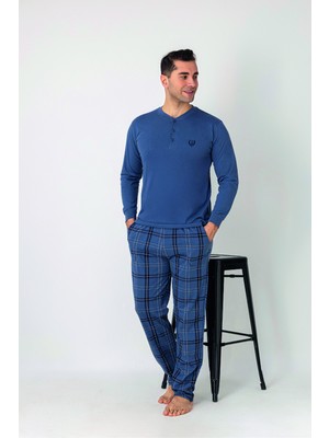 Estiva Erkek Kareli Alt Desenli Petrol Uzun Kollu Patlı Penye Pijama Takımı