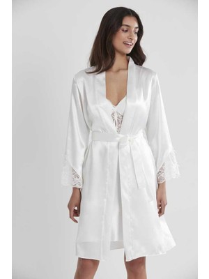 Pierre Cardin 2li Ekru Saten Kısa Gecelik Sabahlık 4300