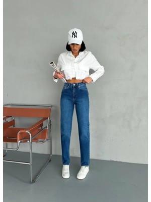 Zeo Basic Likralı Mom Jean Koyu Mavi Taşlamalı