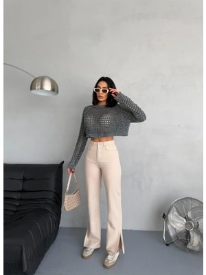 Zeo Basic Bej Denım Kumaş Yırtmaç Detaylı Wide-Leg Pantolon