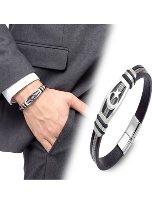 Fm 💎 Premium Ay Yıldız Deri Kordonlu Çelik Halatlı Erkek Bileklik 31834B17D9