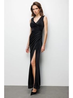 Ekol Büzgü Detaylı Yırtmaçlı Simli Elbise 6082