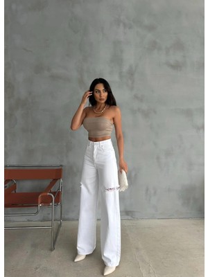 Zeo Basic Beyaz Baggy Pantolon Denim Kumaş Yanlardan Lazerli