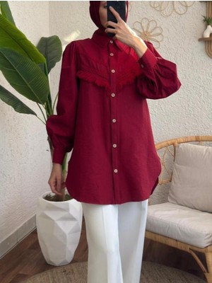 Modamorfo Güpür Püsküllü Ham Cupra Balon Kol Gömlek -Bordo