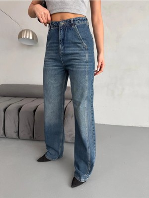 Zeo Basic Yan Dikiş Detaylı Wide-Leg Tint Jean