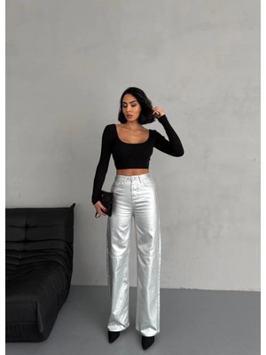 Zeo Basic Gümüş Renk Varak Baskılı Pantolon