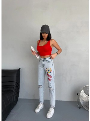 Zeo Basic Mom Jean Nakış ve Yırtık Detaylı