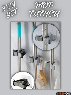 Keskon 3’lü Set Çok Amaçlı Mop Askısı – Süpürge, Paspas ve Mop Sap Tutucu, Mutfak & Banyo Duvar Askısı