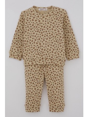 Breeze Kız Bebek Pijama Takımı Omuzdan Patlı Çiçek Desenli 4 Ay-1 Yaş, Bej