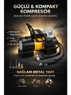 Merwish 90W Kablolu Araç Lastik Şişirme Kompresörü Çakmaklık Girişli Dijital Göstergeli Hava Pompası A6677