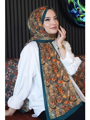 Afvente Etnik Çiçek Desen Yeşil Soft Pamuk Şal