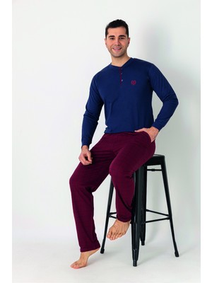 Estiva Erkek Kareli Alt Desenli Mavi Kırmızı Uzun Kollu Patlı Penye Pijama Takımı