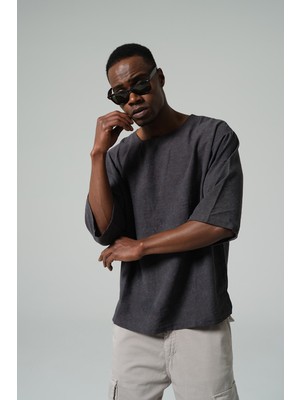 Maule Düşük Omuz, Doğal Dokulu Kumaş Yaka Oversize Dokuma Erkek Tişört, @aren