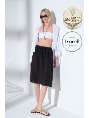 Maule Keten Lyocell Karışımlı Beli Bağcıklı Kesik Uç Detaylı Kadın Midi Etek @karla