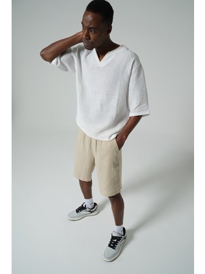 Maule Düşük Omuz, Doğal Kumaş Yaka Dikiş Detaylı Oversize Dokuma Erkek Tişört, @tümen