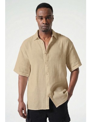 Maule %100 Pamuk Müslin Dokuma Kumaş Rahat Kalıp Erkek Kısa Kol Gömlek @masla