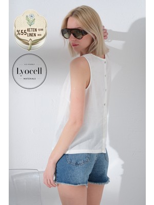 Maule Keten Lyocell Arkası Düğmeli, Bisiklet Yaka Dokuma Sıfır Kol Kadın Bluz @hera