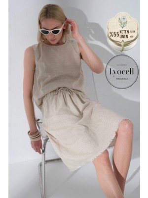 Maule Keten Lyocell Arkası Düğmeli, Bisiklet Yaka Dokuma Sıfır Kol Kadın Bluz @hera