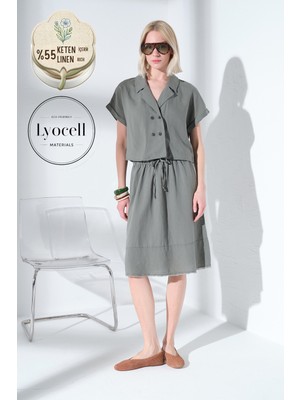 Maule Keten Lyocell Karışımlı Beli Bağcıklı Kesik Uç Detaylı Kadın Midi Etek @karla