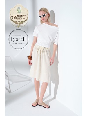 Maule Keten Lyocell Karışımlı Beli Bağcıklı Kesik Uç Detaylı Kadın Midi Etek @karla