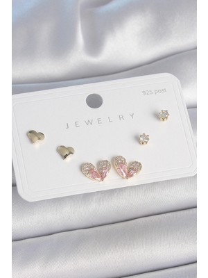 Bucuks Mey Ithalat® Pirinç Gold Renk Pembe Zirkon Taşlı Kalp Model 925 Ayar Gümüş Çivi Kadın Küpe Seti